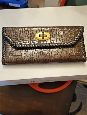 Brown Croc-Embossed Women's Wallet Clutch with Gold Turn-Lock